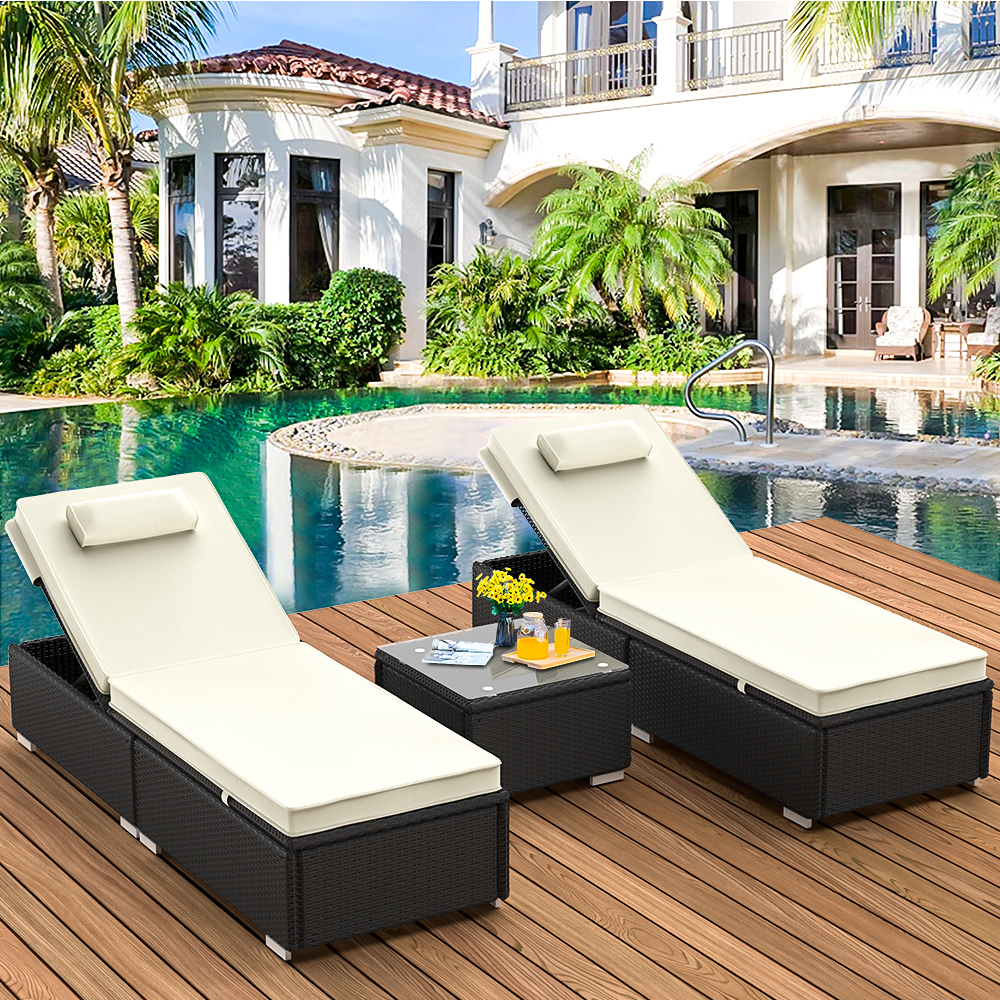 SEGMART 3 Pieces Outdoor Rattan Wicker Lounge Chairs Set, Adjustable Reclining Backrest Lounger Chairs and Table, Modern Rattan Chaise Chairs with Table & Cushions, Pool, Yard, Deck Beige - image 2 of 9