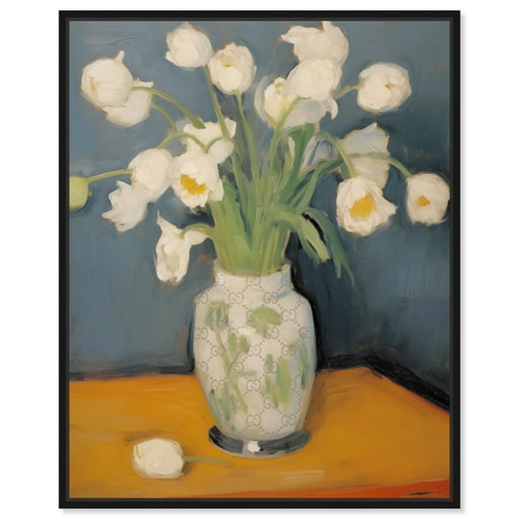 White Flowers In Vase Canvas Vintage Farmhouse Wall Art by Art Remedy, Black Frame, 16" x 20"