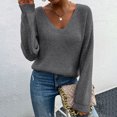 thumbnail image 2 of Lilgiuy Ladies Casual Solid Color V- Neck Loose Knit Sweater Tops,Gray,6(M) Fall Fashion 2022 Spring Winter, 2 of 5