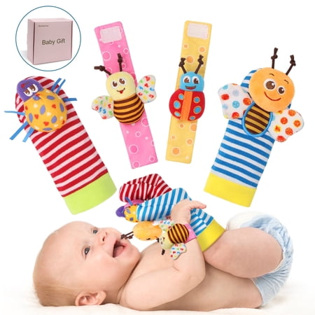 Bloobloomax Baby Rattles Toys for 0-12 Month, Infant Girl Boy Toys for Babies 3-6 Months, Newborn Hand & Foot Toys for 0 to 9 Months, Baby Shower Gifts Set with Wrist Rattle Socks (Pink-4PCS)