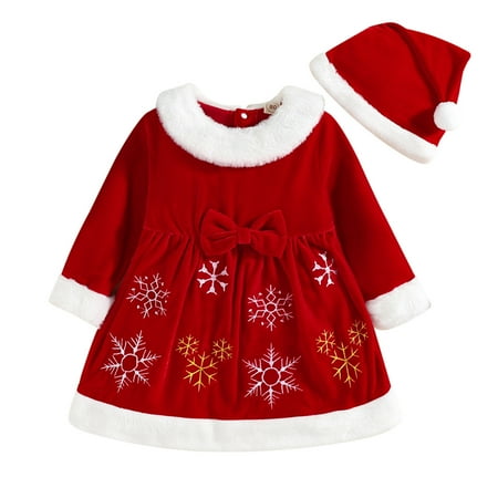 

Girls Fashion Dresses Toddler Girls Long Sleeve Christmas Snowflake Embroidered Bowknot Fleece Princess Dress Hat Set