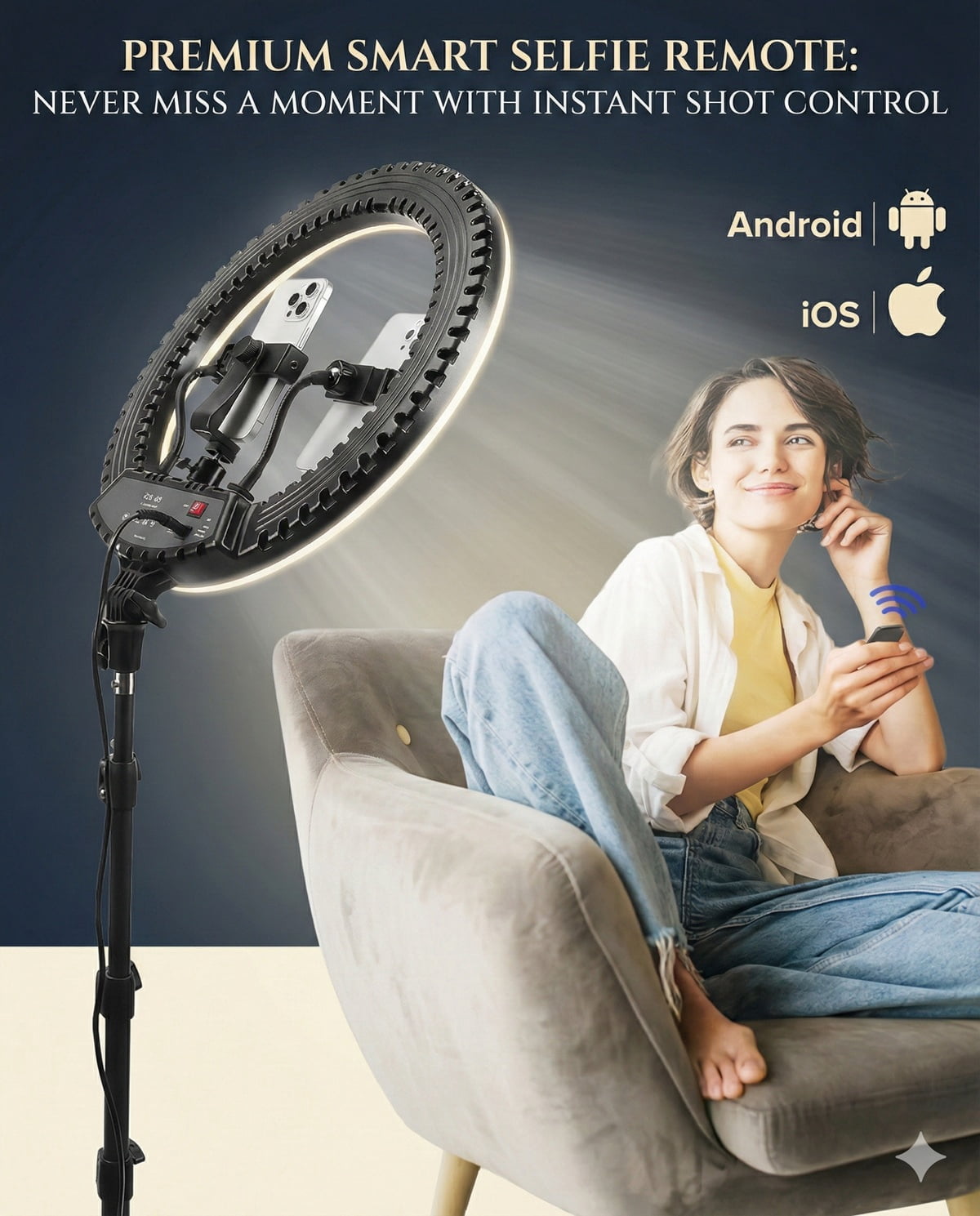 21” LED Ring Light with Tripod Stand, Remote & Phone/Camera Mount, 55W Smart Touch Dimmable 3000K–6000K for TikTok, YouTube, Makeup & Photography