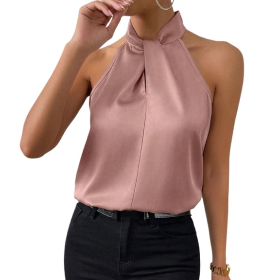 Quixlent Women Summer Tops Halter Sleeveless Loose Fit Blouse Solid Color Smooth Satin Tank Tops Imitation Silk Party Office Vest Workwear