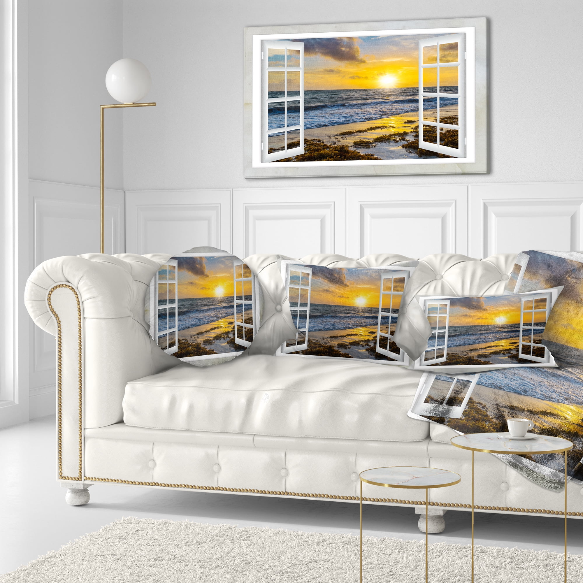 Designart Open Window to Bright Yellow Sunset - Modern Seascape Throw Pillow - 12x20