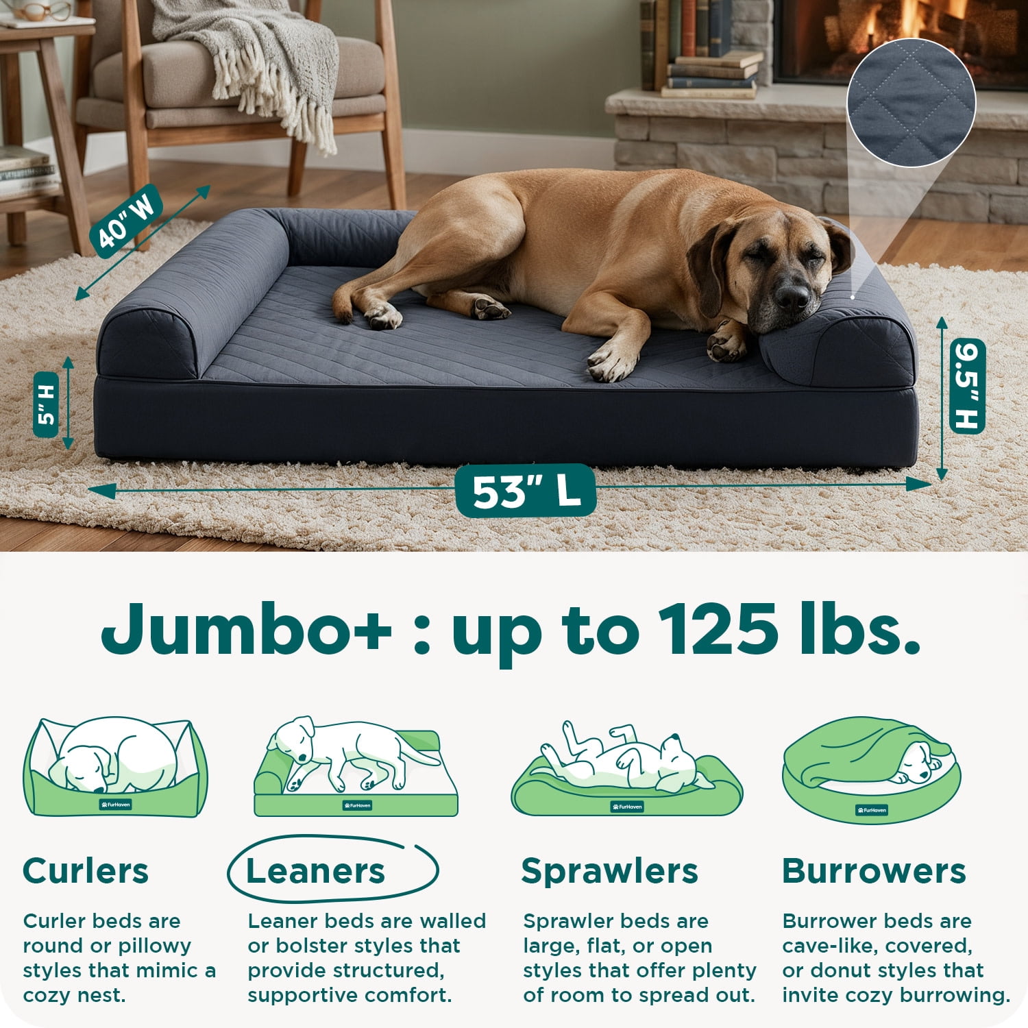 FurHaven Classic Sofa Orthopedic Dog Bed For Large Dogs, Solid Orthopedic Foam Slab for Joint Support, Removable Washable Cover, Jumbo Plus XXL, Quilted Sofa, Iron Gray