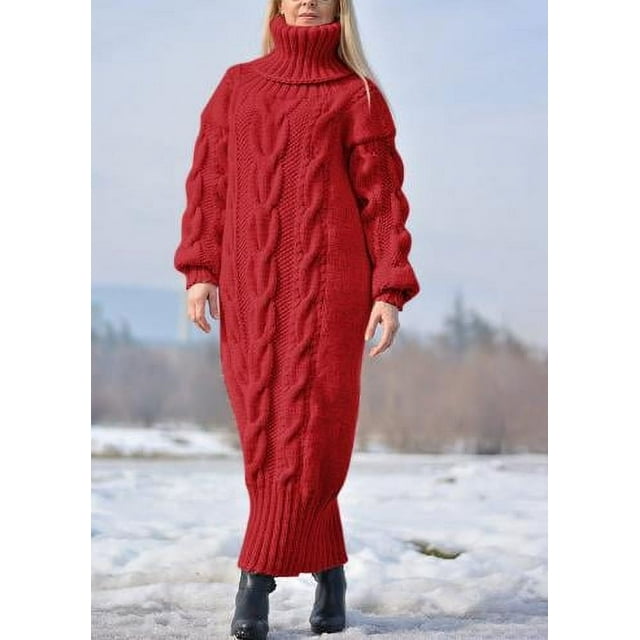 Robe Maxi Tricotée d'Hiver pour Femmes à Manches Longues et Col Montant