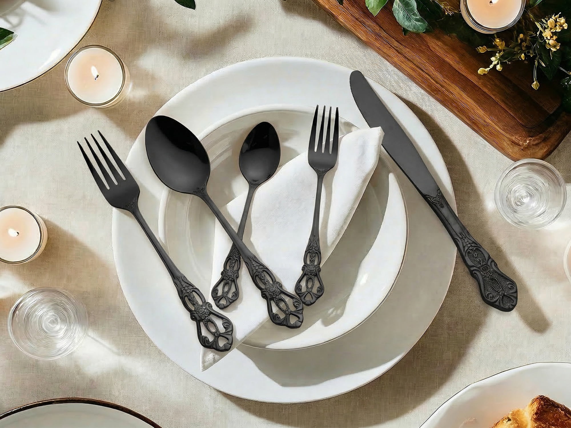 Unique Bargains 30 Piece Silverware Stainless Steel Flatware Set with Openwork Black