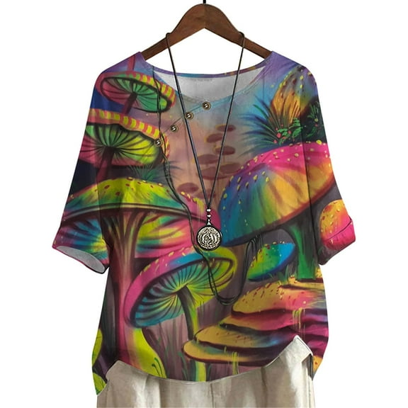 CLOOCL Plus Size Women T-Shirt Fantasy Mushroom Graphic Printing Shirts Mid Sleeve Tees Tops