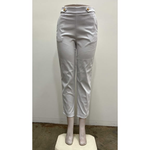 Counterparts Womens pull on stretch ankle length front slash pockets Pants with shank buttons on waist and slits hem , White , S