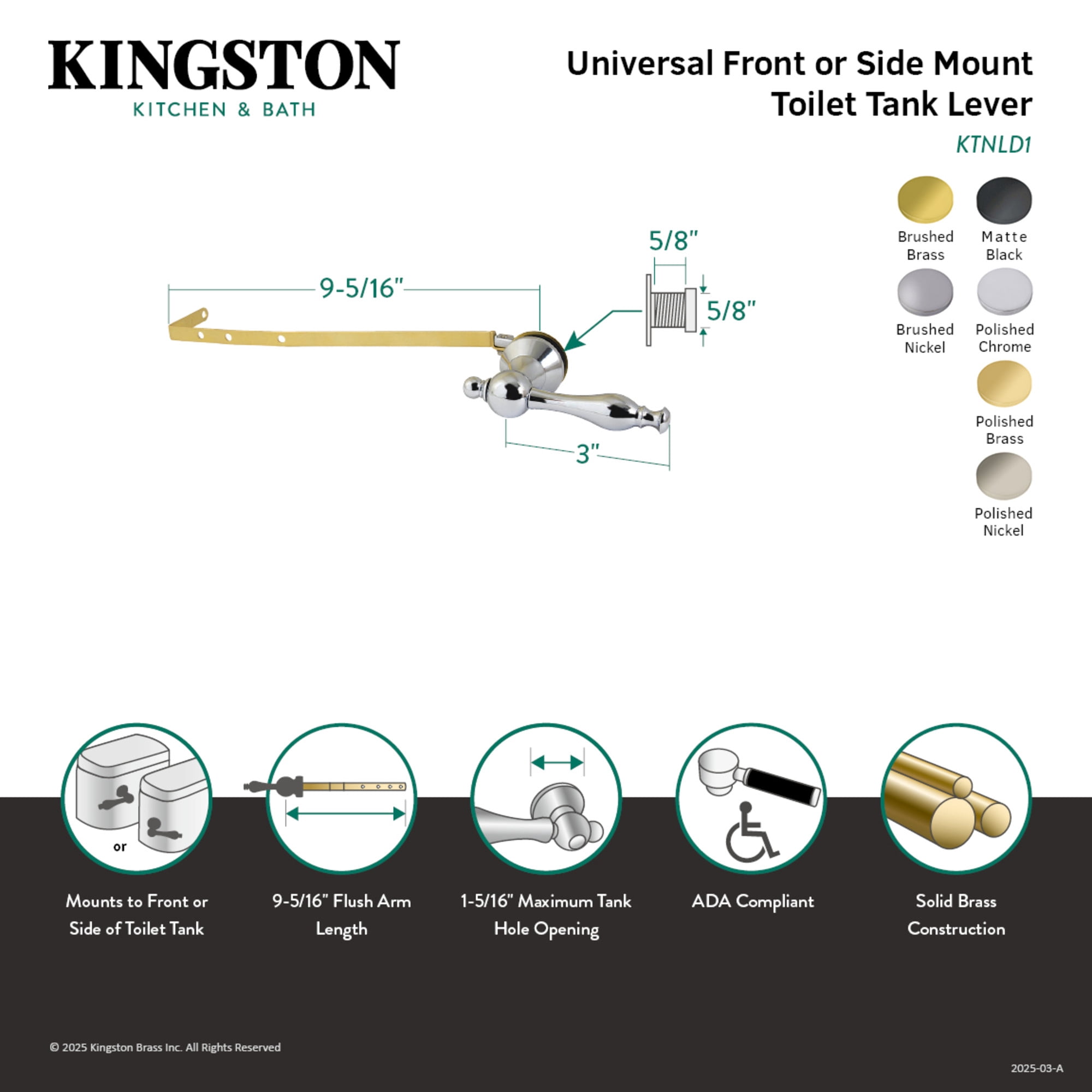 Kingston Brass KTNLD8 Naples Universal Front or Side Mount Toilet Tank Lever in Brushed Nickel