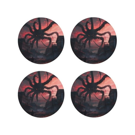 

Honeii Giant Monster Over City Print Leather Coaster Set of 4 Ideal for Safeguarding Your Furniture from Drinks Spills and Effortless Cleanup-Round Shape