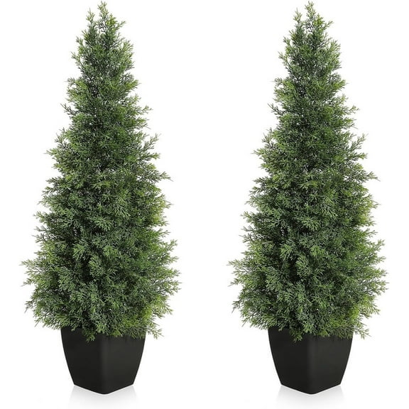 Towallmark 2 Pack 4FT Artificial Topiary Trees, UV Resistant Faux Cedar Pine Trees Potted Plants for Outdoor Indoor Front Porch Garden Home Decor