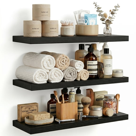 WEEUSE Floating Wall Shelves, Set of 3, 15.7" x 5.9" x 0.6", Black MDF Wood Wall Mounted Shelves for Bedroom, Bathroom, Living Room, Kitchen Storage & Display