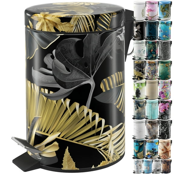 Sanilo Trash Can 1.3 Gallon with Soft Close, Many New Cosmetic and Kitchen Waste Bins Available, Bathroom Bin with Inner Bucket (Golden Leaves)