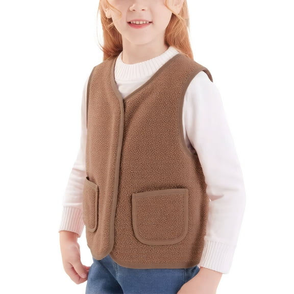 Happy Cherry Girls Sleeveless Jacket Full Zipper Boy Sherpa Fleece Vest Toddler Lightweight Outerwear Kids Fall Winter Waistcoat with Pocket 6-7 Years Brown