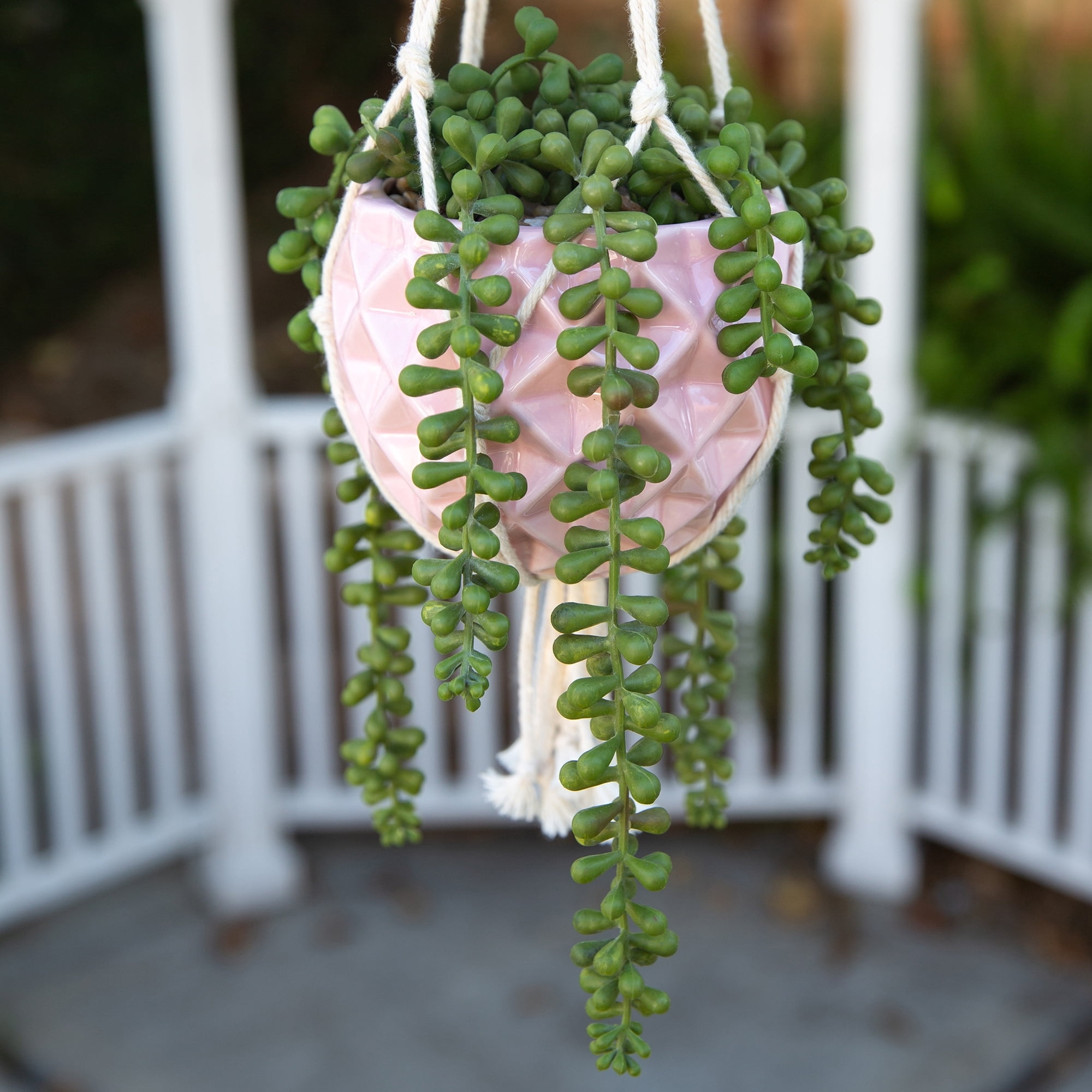 Flora Bunda  5 x 5 in. Ceramic Macrame Hanging Planter, Glass Blue
