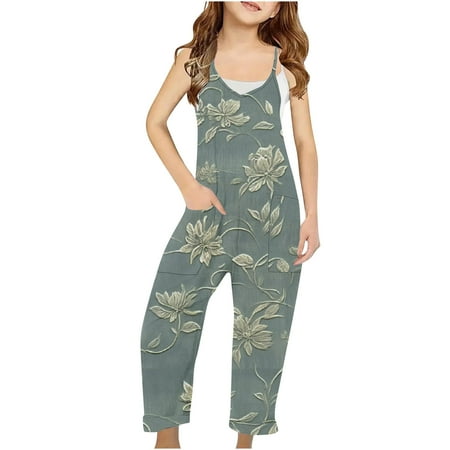 

Ganfancp Girls Soft & Breathable Sleeveless Jumpsuits Stylish Long Pants with Pockets Age 5-14 Casual Summer Rompers for Kids Clearance