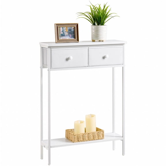 White Narrow Entryway Console Table with 2 Fabric Drawers and Lower Shelf