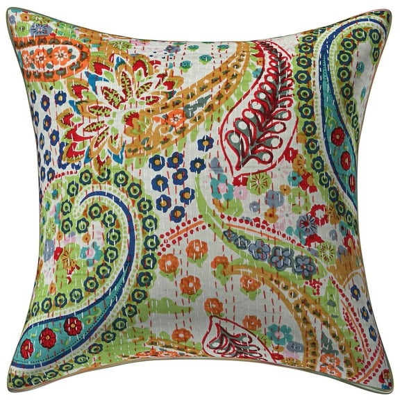 Stylo Culture Ethnic Settee Sofa Throw Pillow Cover 16x16 Floral Kantha White Printed 40 x 40 cm Living Room Decor Cotton Paisley Square Cushion Cover | 1 Pc