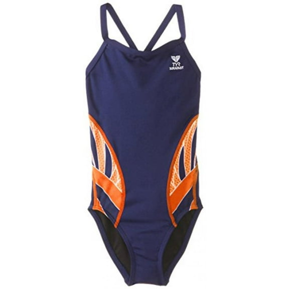 TYR SPORT Girl's Phoenix Splice Diamondfit Swimsuit, Navy/Orange, Size 24