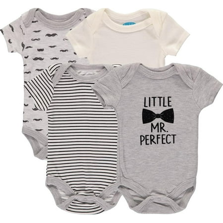 Bon Bebe Boys 0-9 Months Little Mr Perfect Short Sleeve Bodysuit, 4-Pack(Grey 6-9 Months)