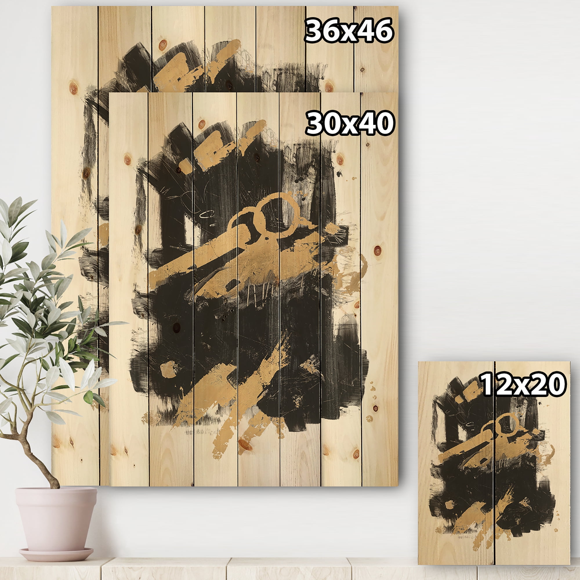 Designart 'Black and Gold drift I' Modern Glam Print on Natural Pine Wood