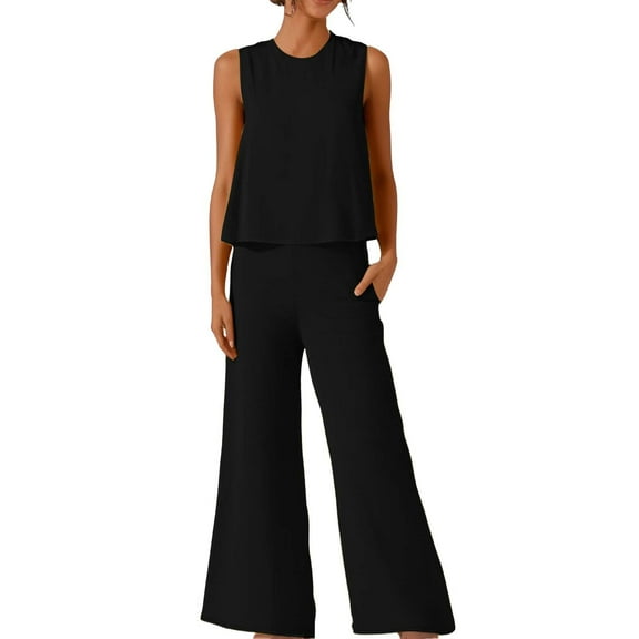 GILIGEGE Two Piece Sets for Women Summer Solid Color Elegant Two Piece Round Neck Vest and Wide Leg Pants Suit for Women Summer Beach Vacation Outfits Lounge Tracksuits Black L