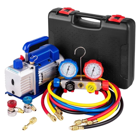 HVAC Vacuum Pump 4.8CFM 1/3 HP Refrigeration Kit - AC Manifold Gauge Set R410A R134A R22 - 4 Way Hose & Vacuum Pump for Air Conditioning Systems