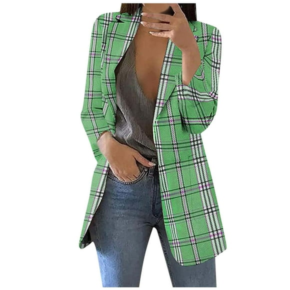 Women Long Sleeve Open Front Plaid Business Blazer Coat Notch Collar Work Office Jacket Outerwear for Office Lady