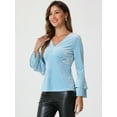 thumbnail image 3 of DARING DIVA V Neck Velvet Flare Long Sleeve Casual Top XS Light Blue, 3 of 6