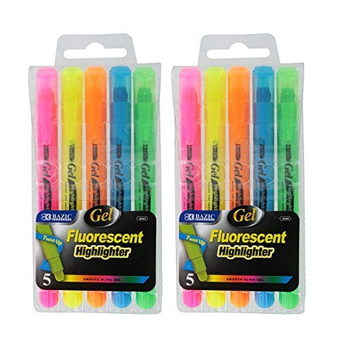 Bazic Gel Fluorescent Highlighters, Assorted Colors, Pack of 10