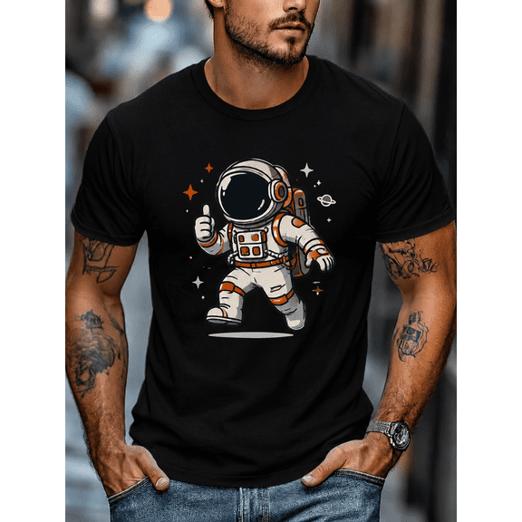 Men's Astronaut Graphic T-Shirt, Funny Space Explorer Print Crew Neck Short Sleeve Casual Tee