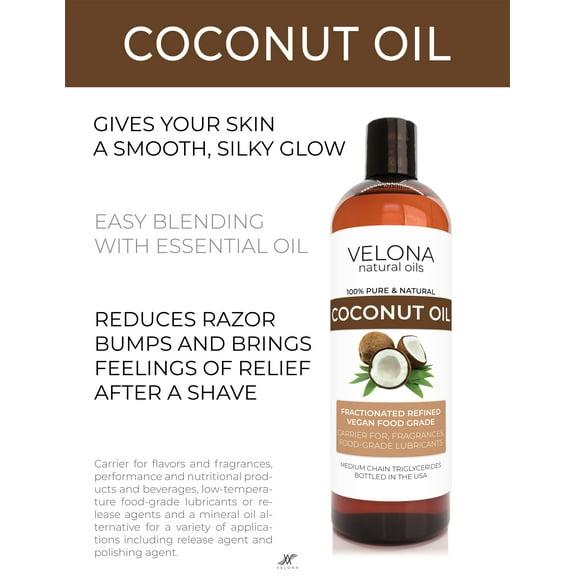 Coconut Oil by Velona - 24 oz | 100% Pure and Natural Carrier Oil | Fractionated, Ultra Refined | Skin, Face, Body, Hair Care | Use Today - Enjoy Results