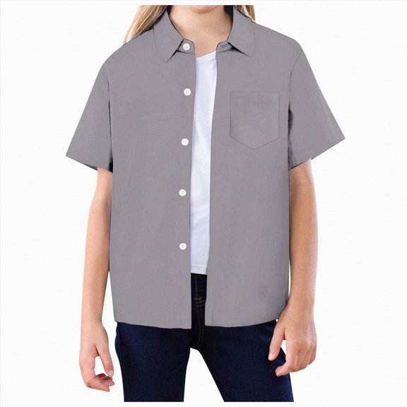 Girls Shirts for Teens Button Up Shirt Short Sleeve Textured Cotton Pocket Top for Summer Holiday Outing Grey 11-12 Years