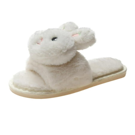 

Youmylove Women Slippers Fashion Cartoon Rabbit Decorative Open Toe Fluffy Comfortable Flat Cotton Slippers Leisure Ladies Cozy Daily Walking