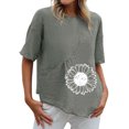 thumbnail image 1 of Chemises d'Été pour Femmes Col Rond Imprimé Coton Lin Haut Grande Taille Ourlet Irrégulier Décontracté Confortable Manches Courtes Blouse, 1 of 4