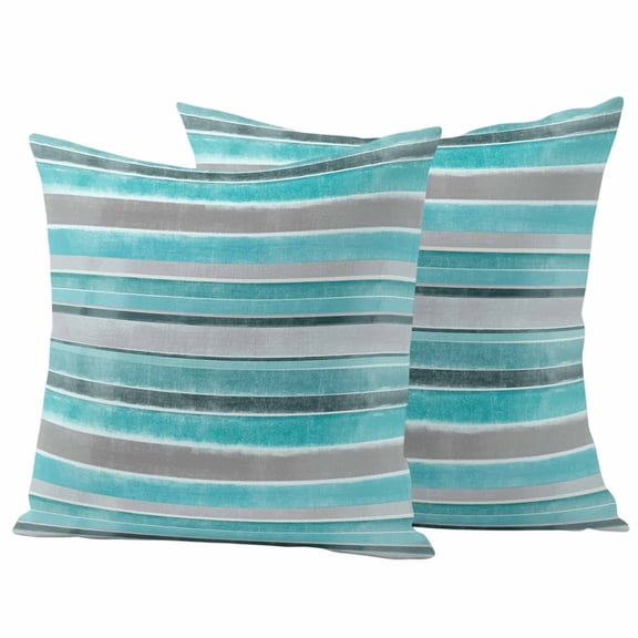 2 Pack Outdoor Waterproof Throw Pillow Covers,Turquoise Gray Striped Decorative Square Pillow Case Patio Pillowcases for Chair Couch Sofa 16x16in