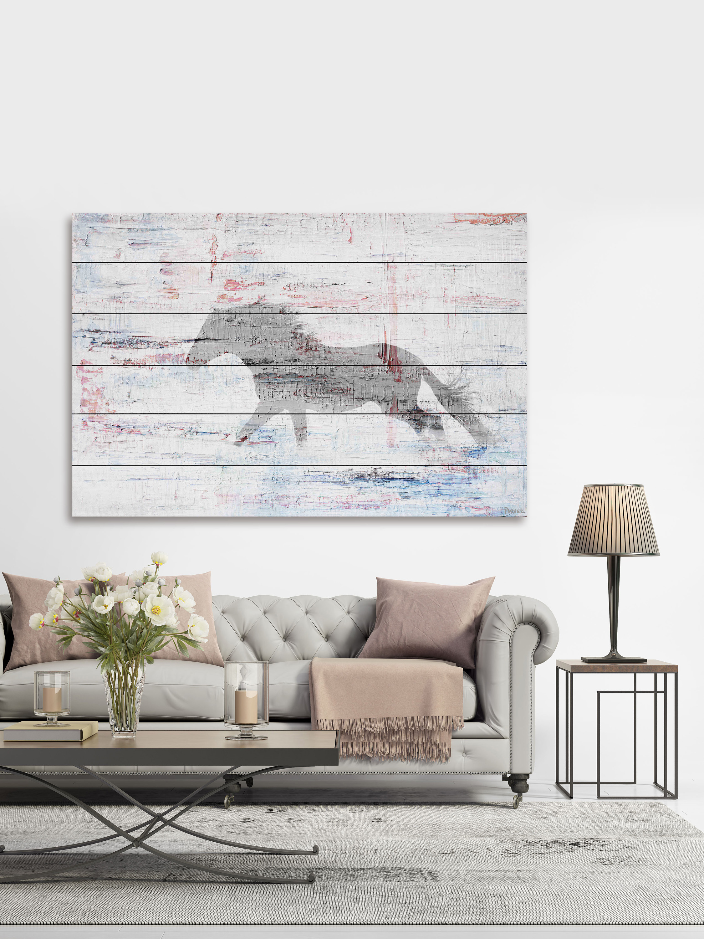 "Grey Horse Trot" Painting Print on White Wood