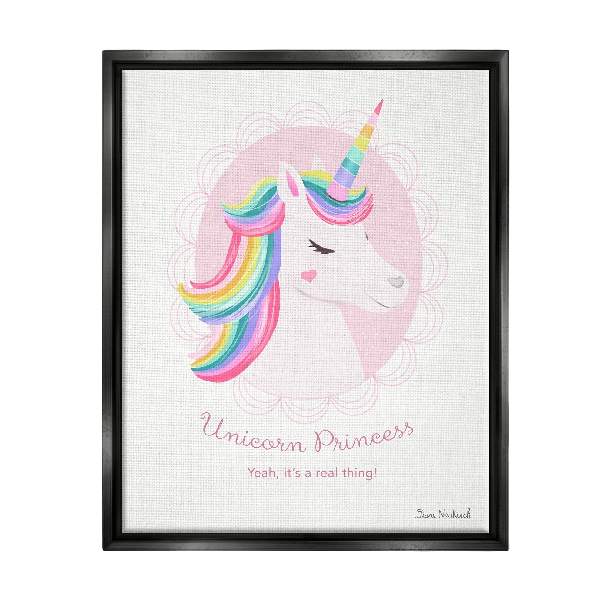 Stupell Industries Unicorn Princess Endearing Unicorn Portrait Fantasy Rainbow Graphic Art Metallic Gold Floating Framed Canvas Print Wall Art, Design by Diane Neukirch