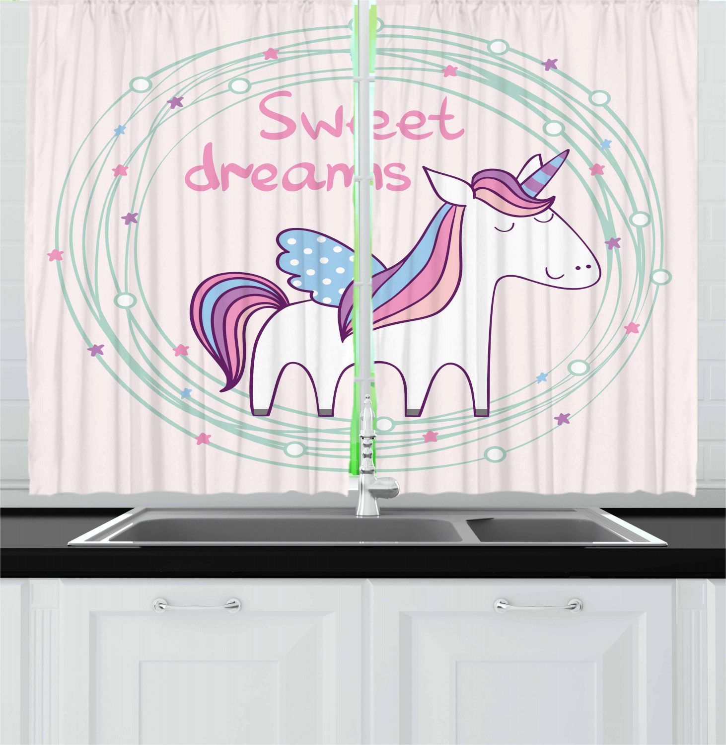 Sweet Dreams Curtains 2 Panels Set, Cute Magical Unicorn with Hand Drawn Circles Dots and Stars Nursery Theme, Window Drapes for Living Room Bedroom, 55W X 39L Inches, Multicolor, by Ambesonne