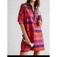thumbnail image 3 of Women Contrast Striped Babydoll Y2k Summer Patchwork T- Shirt Dress Vintage V Neck Short Sleeve Dress Rose Red S, 3 of 5