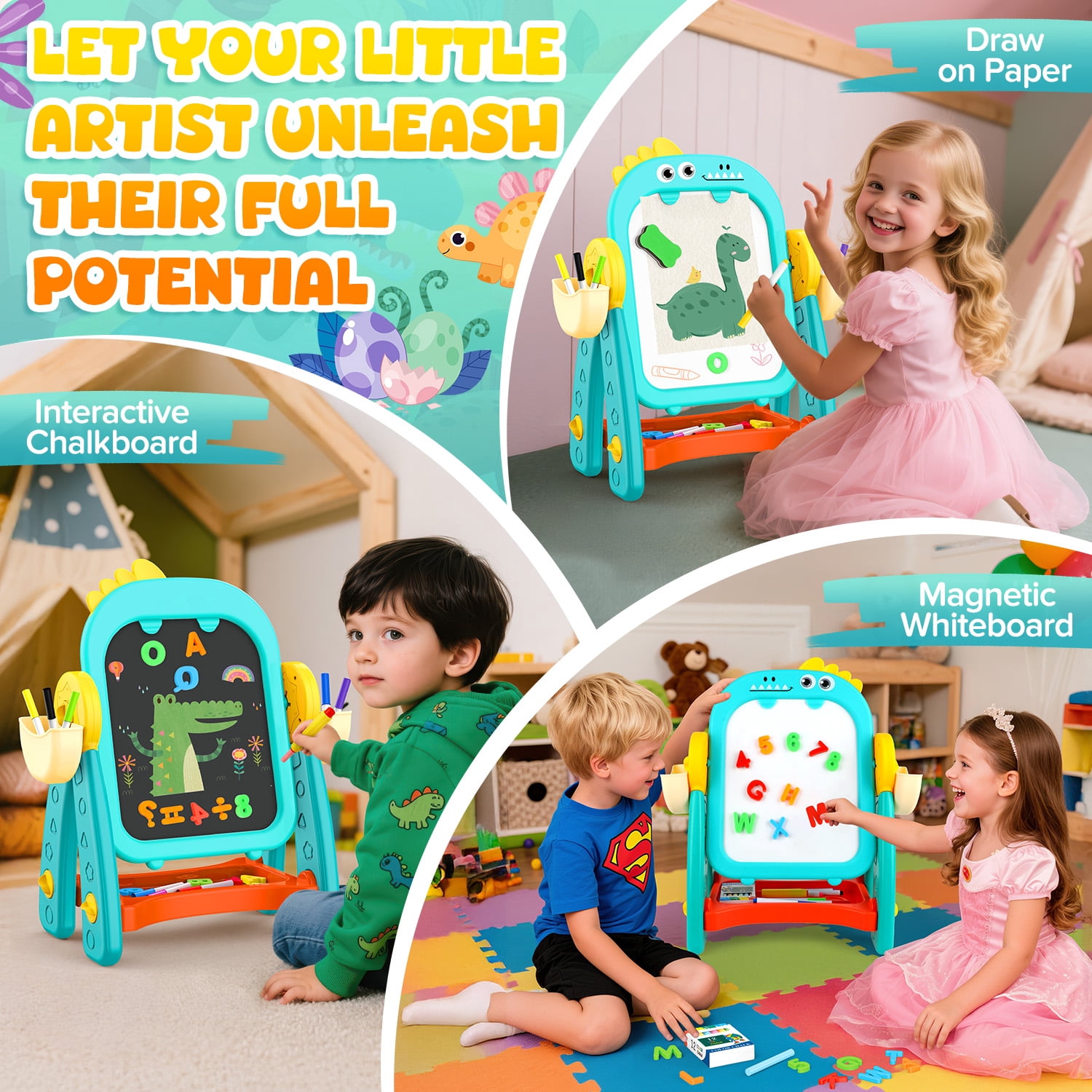 Huge Wave Dinosaur Easel for Kids, Double Sided Chalkboard and Whiteboard, Learning Board Games, Christmas Birthday Gift for Boys Girls Age 2-6 Years Old