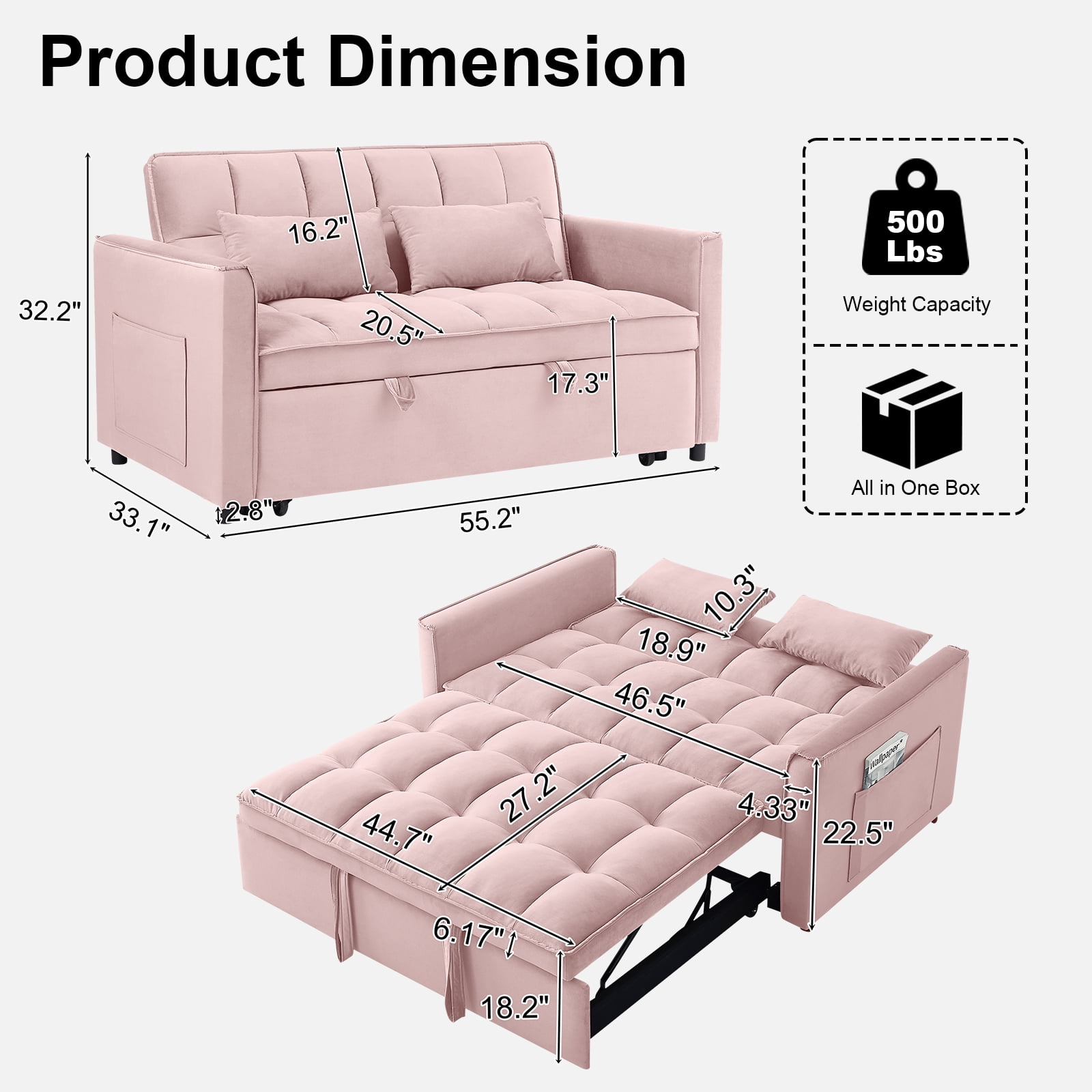 Howcool 55" 3 in 1 Convertible Sleeper Sofa Bed, Pull Out Loveseat Couch with Storage Pocket,Pink