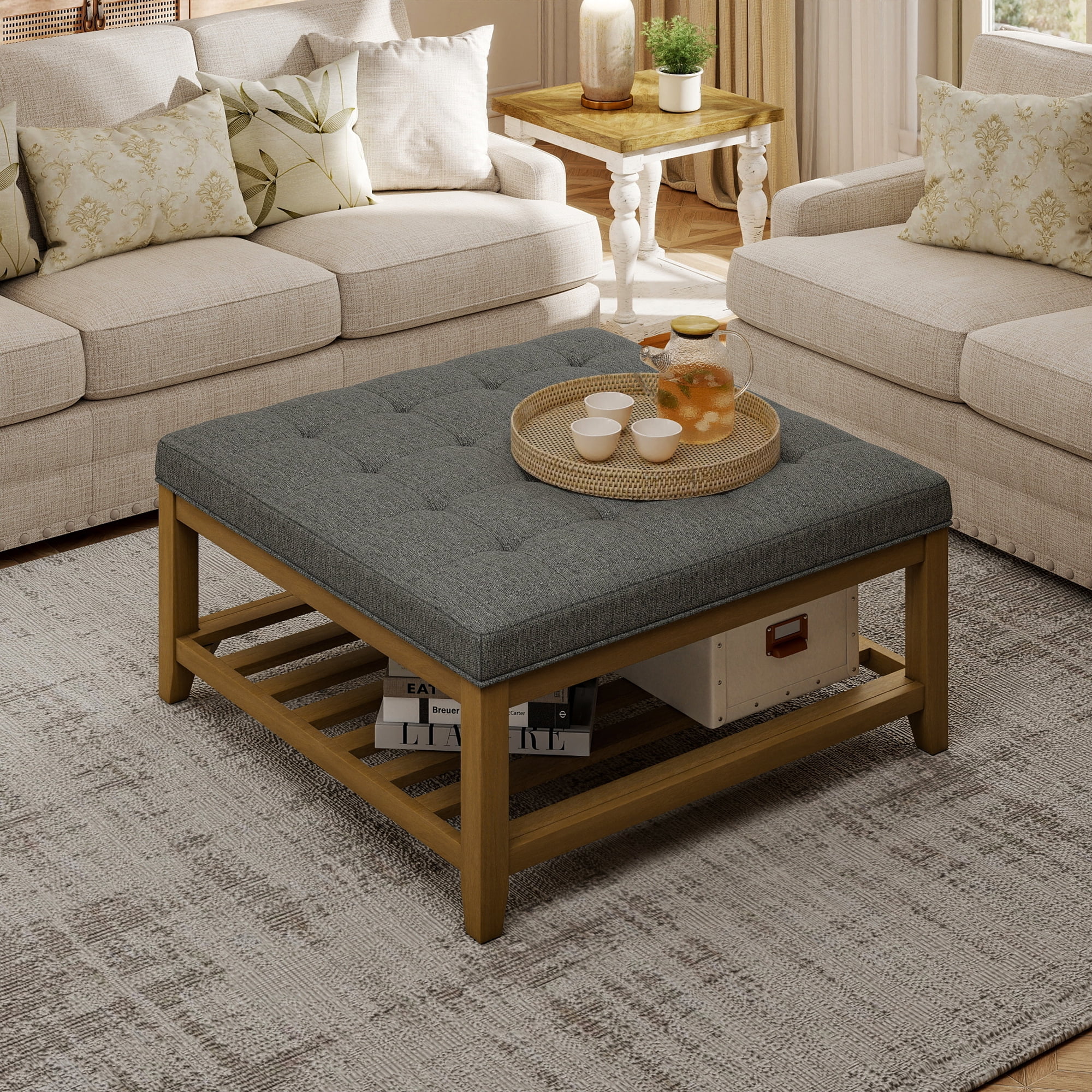 Square Upholstered Ottoman Coffee Table with Storage Shelf, Linen Fabric, Tufted Top, 31.9"x31.9", Granite