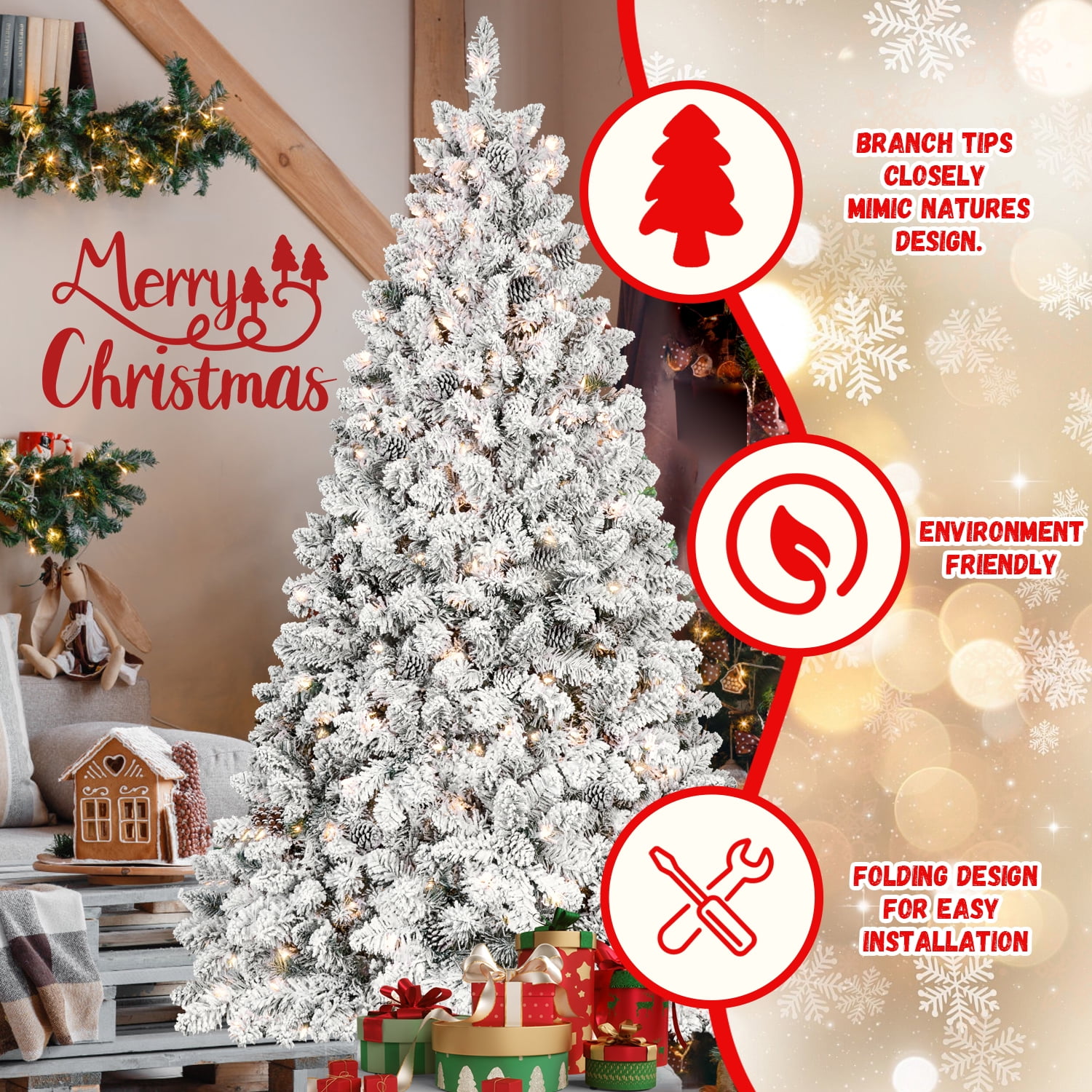 5 Ft Flocked Christmas Tree with 300 UL Lights and 27 Natural Pine Cones, Snowy PVC Tips, 600 Tips, Hinged Structure, Stable Metal Stand, Easy Setup