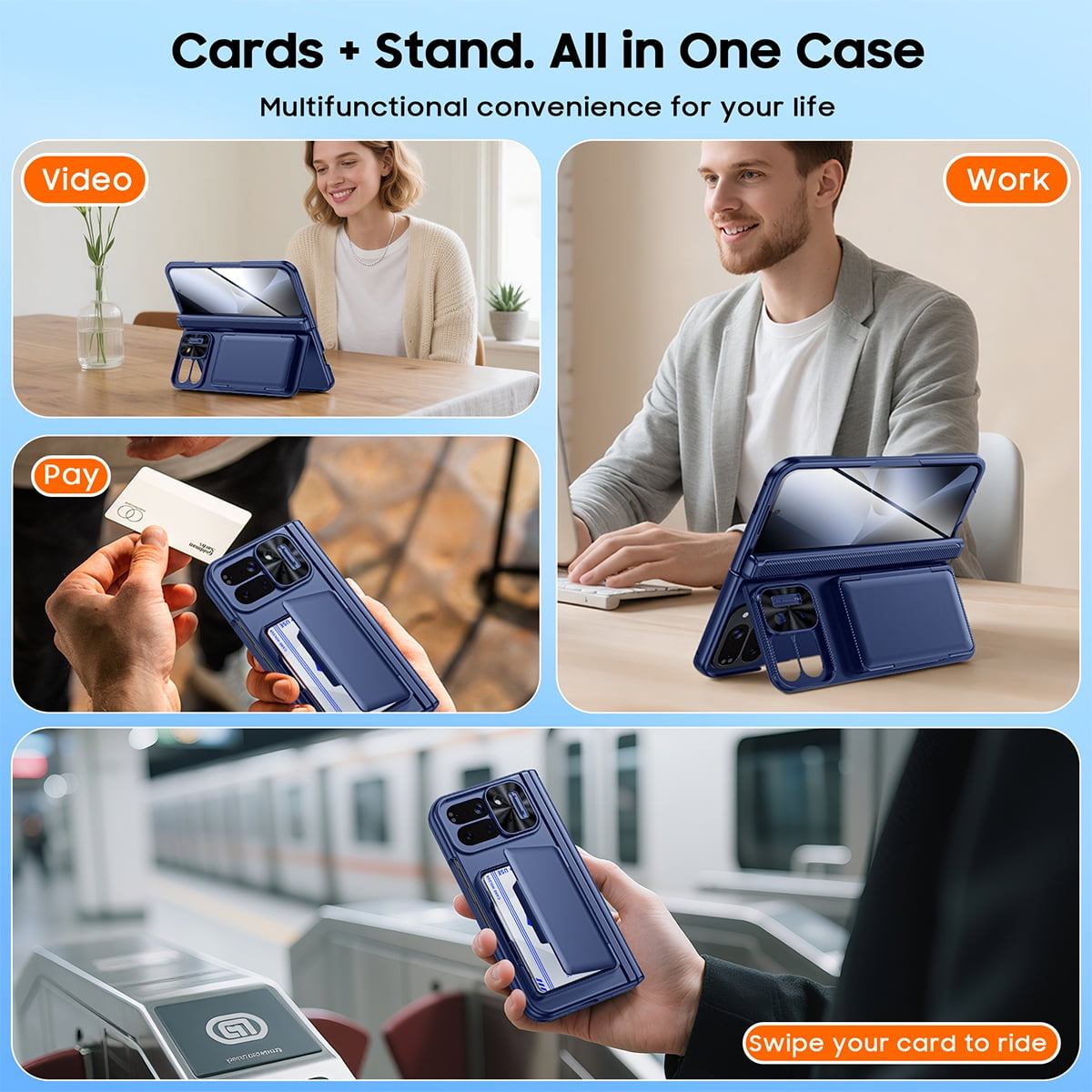 Vizvera for Google Pixel 10 Pro Fold With Card Holder[RFID Blocking]Camera Cover,Hinge Protection,Hidden Kickstand,Screen Protecto Phone Case-Blue
