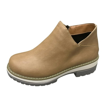 

GWAABD Women Boots Ankle Ladies Vintage Solid Color Leather Side Zip Round toe Heel Fashion Short Boots