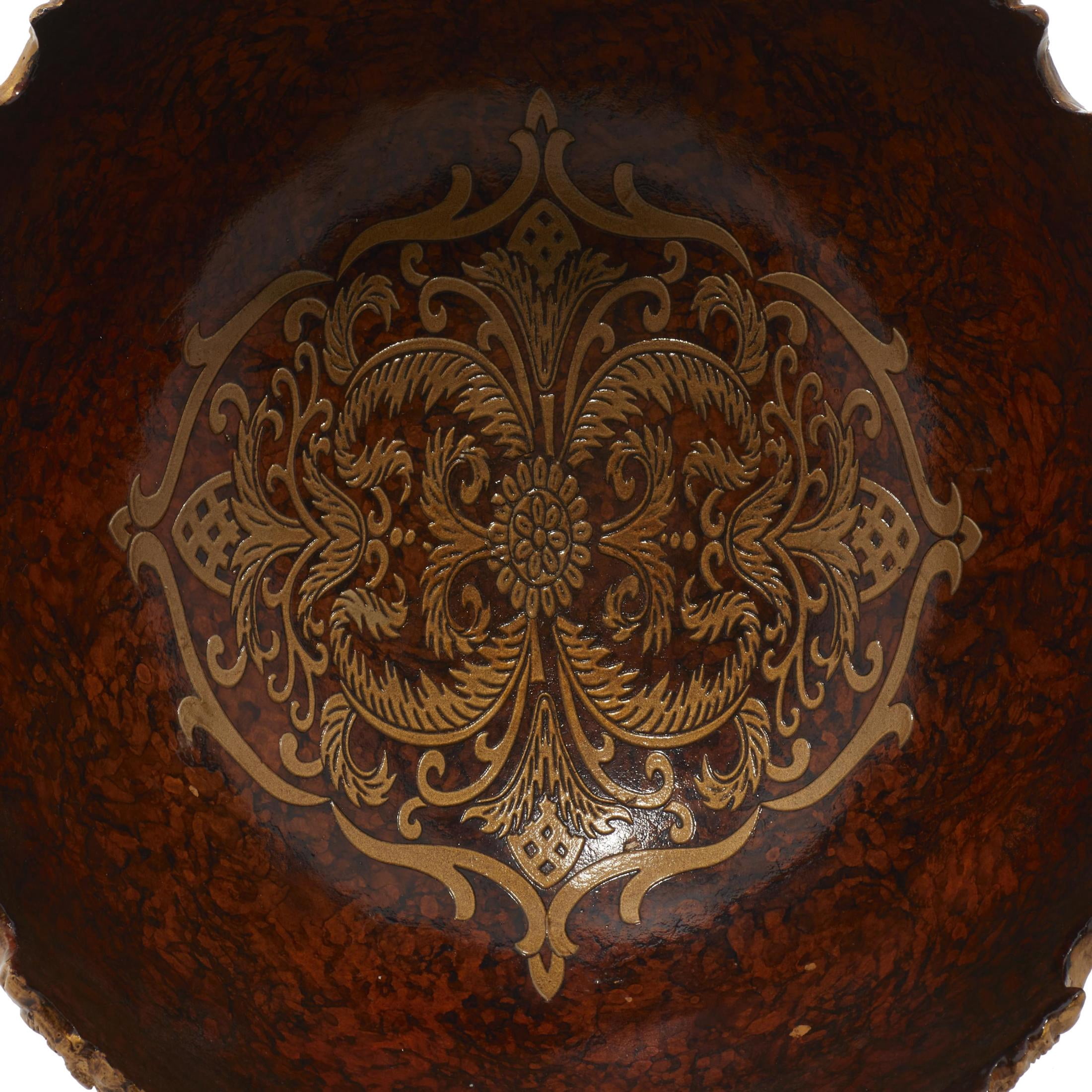DecMode 14" Oval Intricately Carved Arabesque Leaf Gold Polystone Decorative Bowl