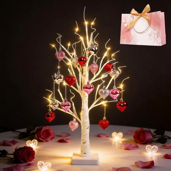 Romantic Heart-Shaped Birch Tree Lamp, Pre-lit White Tree with 24 LEDs & 15pcs Hanging Hearts, Valentine's Day Decor Centerpiece for Home Office