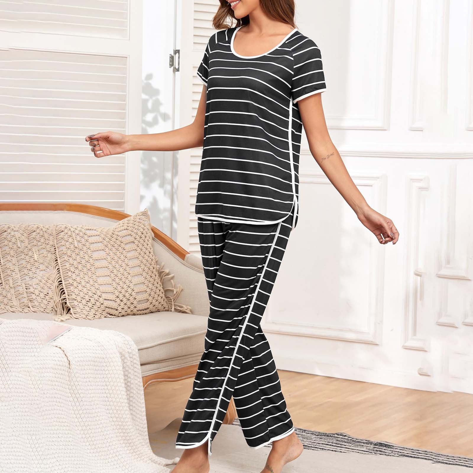 Rbaofujie Christmas Pajamas for Women Stripe Pajamas Set Women Two Piece Nightwear Short Sleeve Sleepwear Soft Side Split Loungewear Pjs Sets Vintage Nightgown Walmart